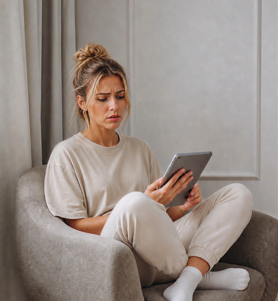 Femme assise, regard inquiet en consultant sa tablette
